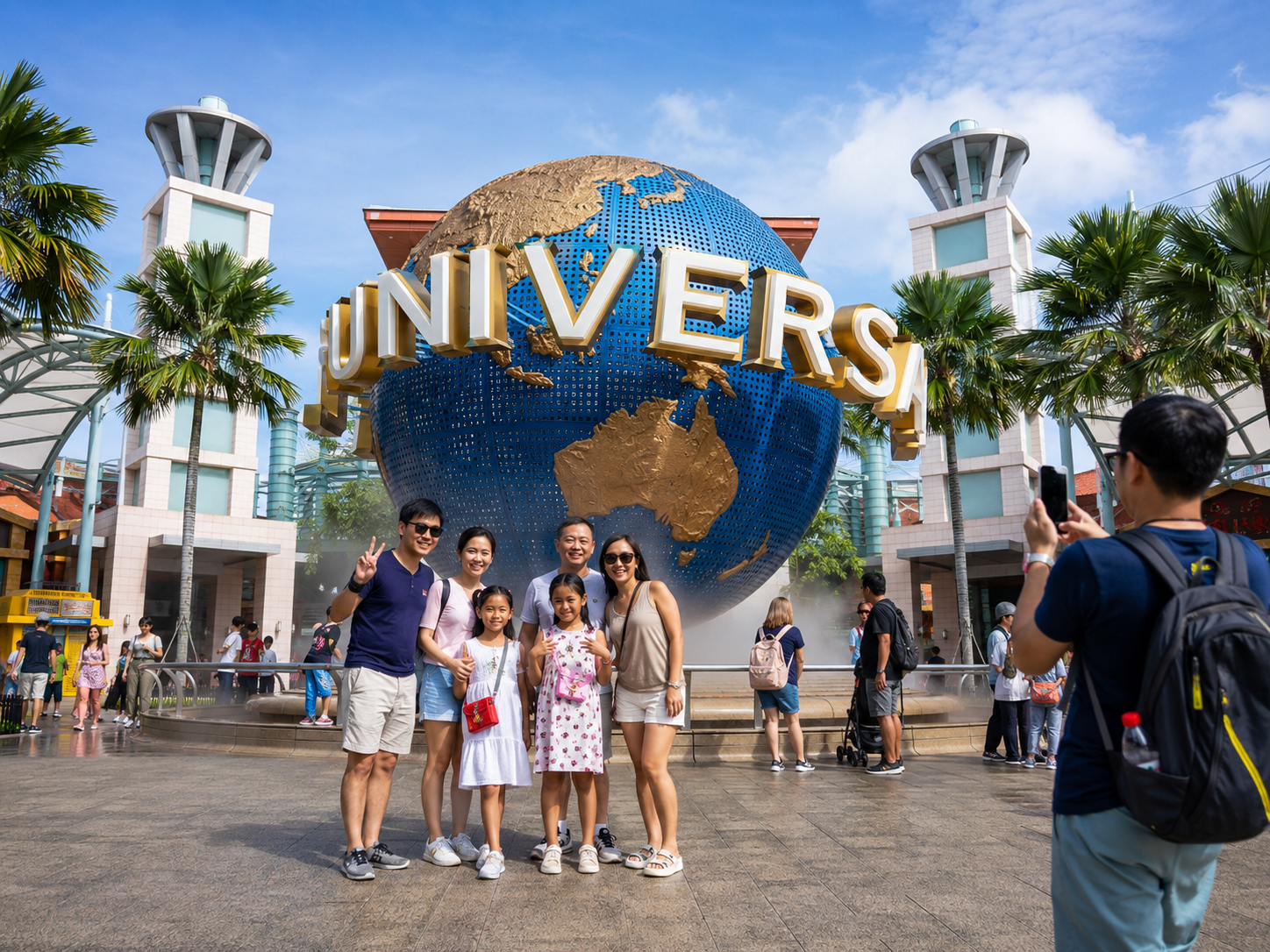 Universal Studios Singapore — iconic globe entrance with families, colourful themed zones visible behind