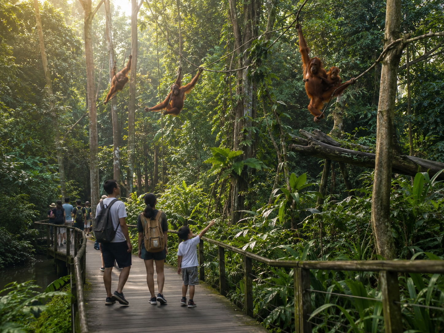 Singapore Zoo — orangutans swinging freely above visitors on a wooden boardwalk in a rainforest open-concept enclosure
