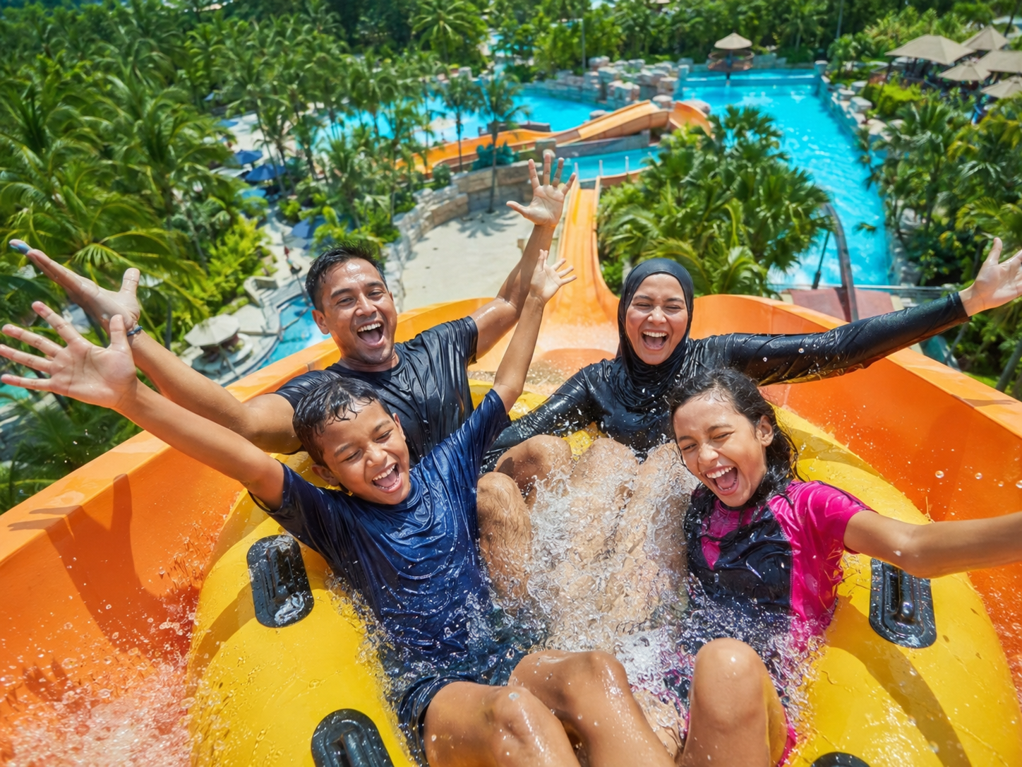 Adventure Cove Waterpark Sentosa — families on water slides with tropical blue water