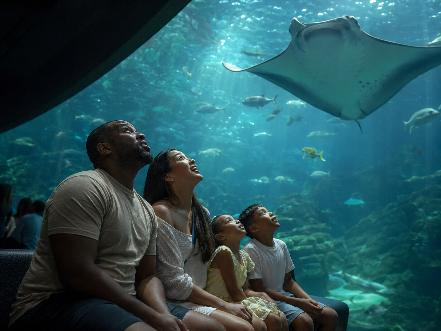 SEA Aquarium Singapore — family watching manta rays through the massive panoramic viewing panel