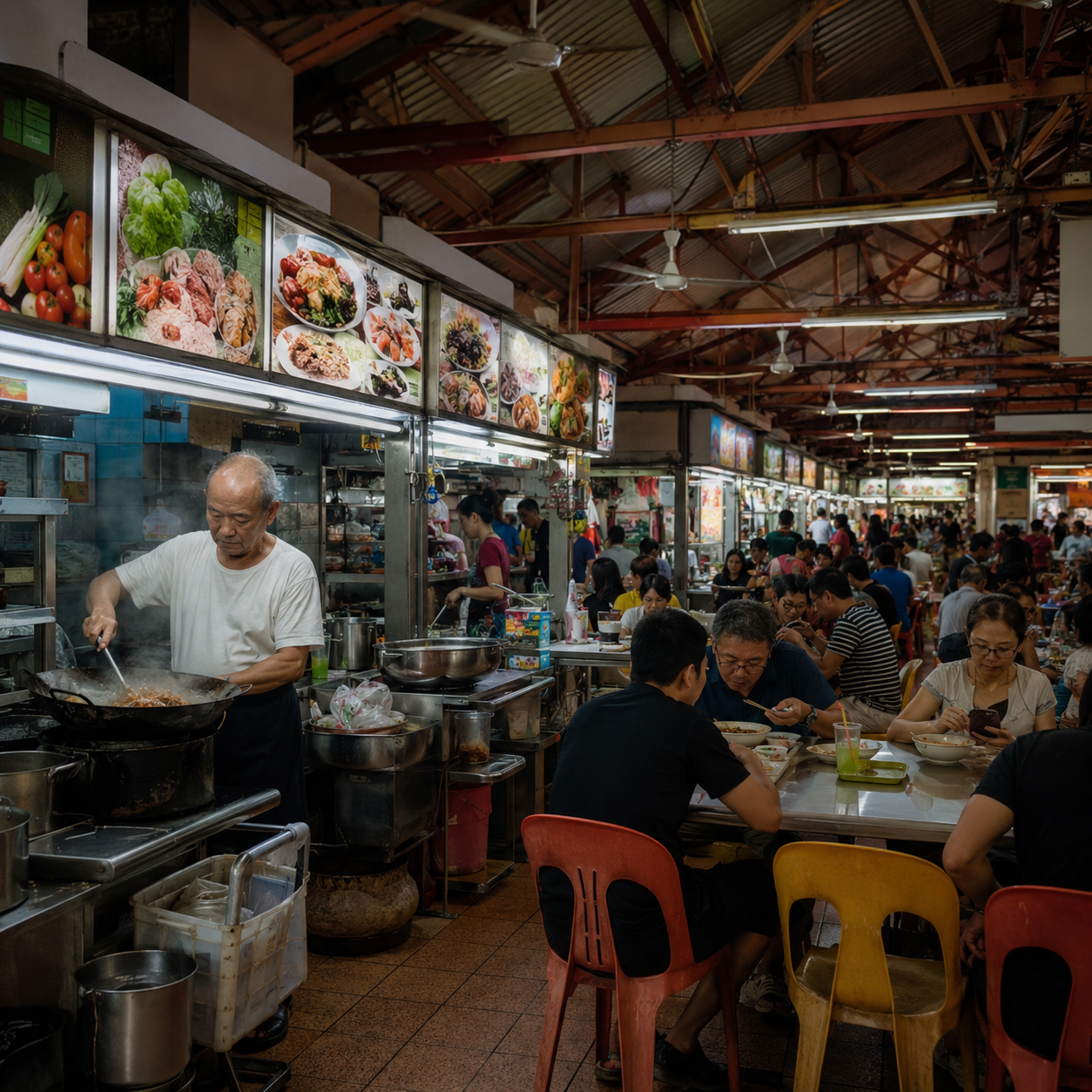 Inside a Singapore hawker centre with busy stalls
