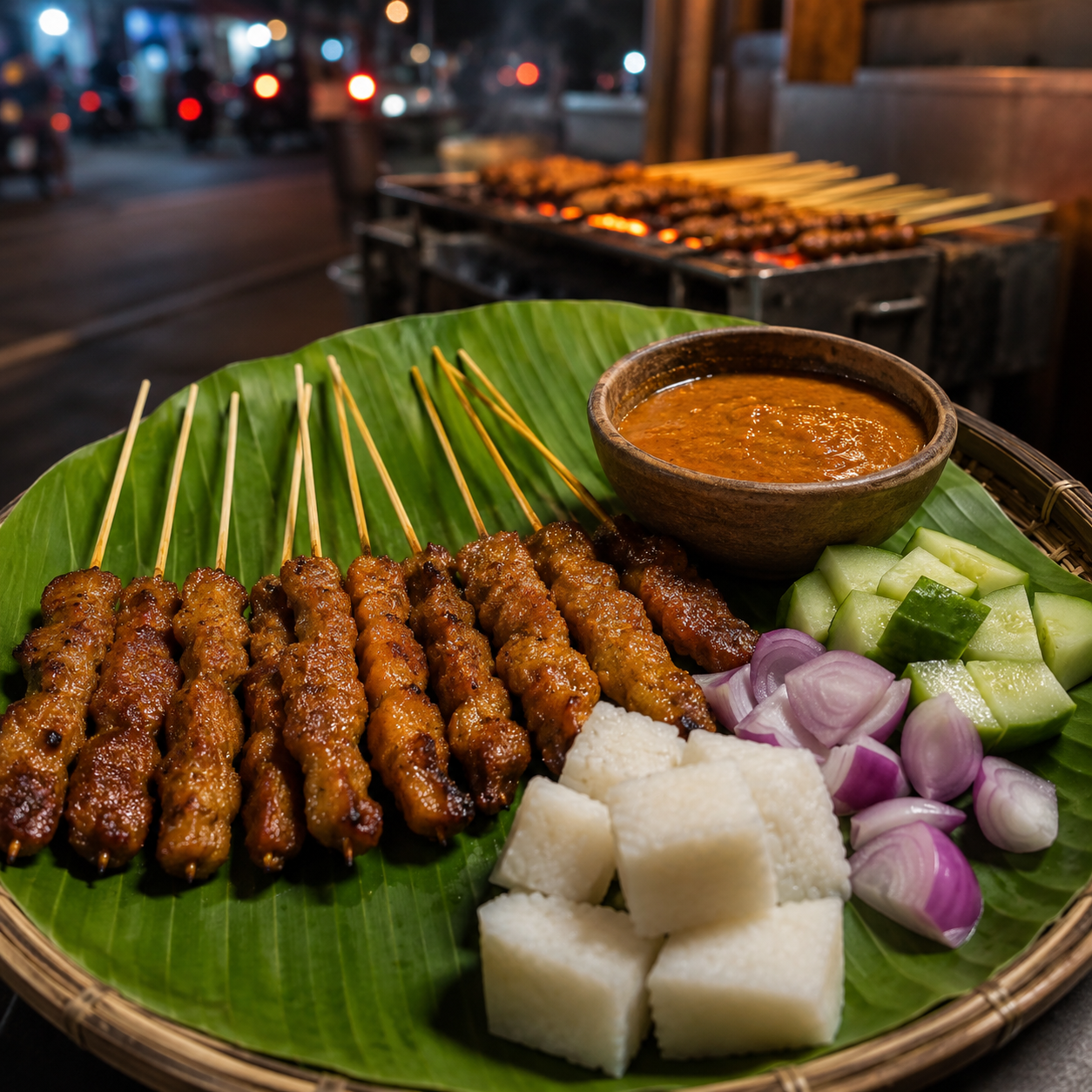 Satay skewers with peanut sauce on banana leaf
