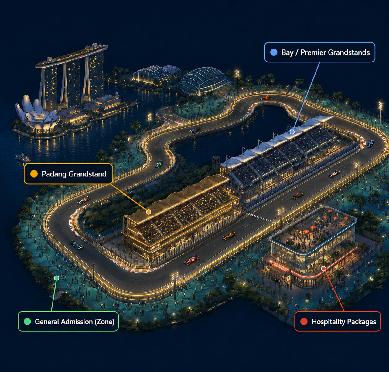 Illustrated aerial map of Marina Bay Street Circuit with labeled callouts showing the General Admission, Bay/Premier Grandstand, Padang Grandstand, and Hospitality zone locations around the track