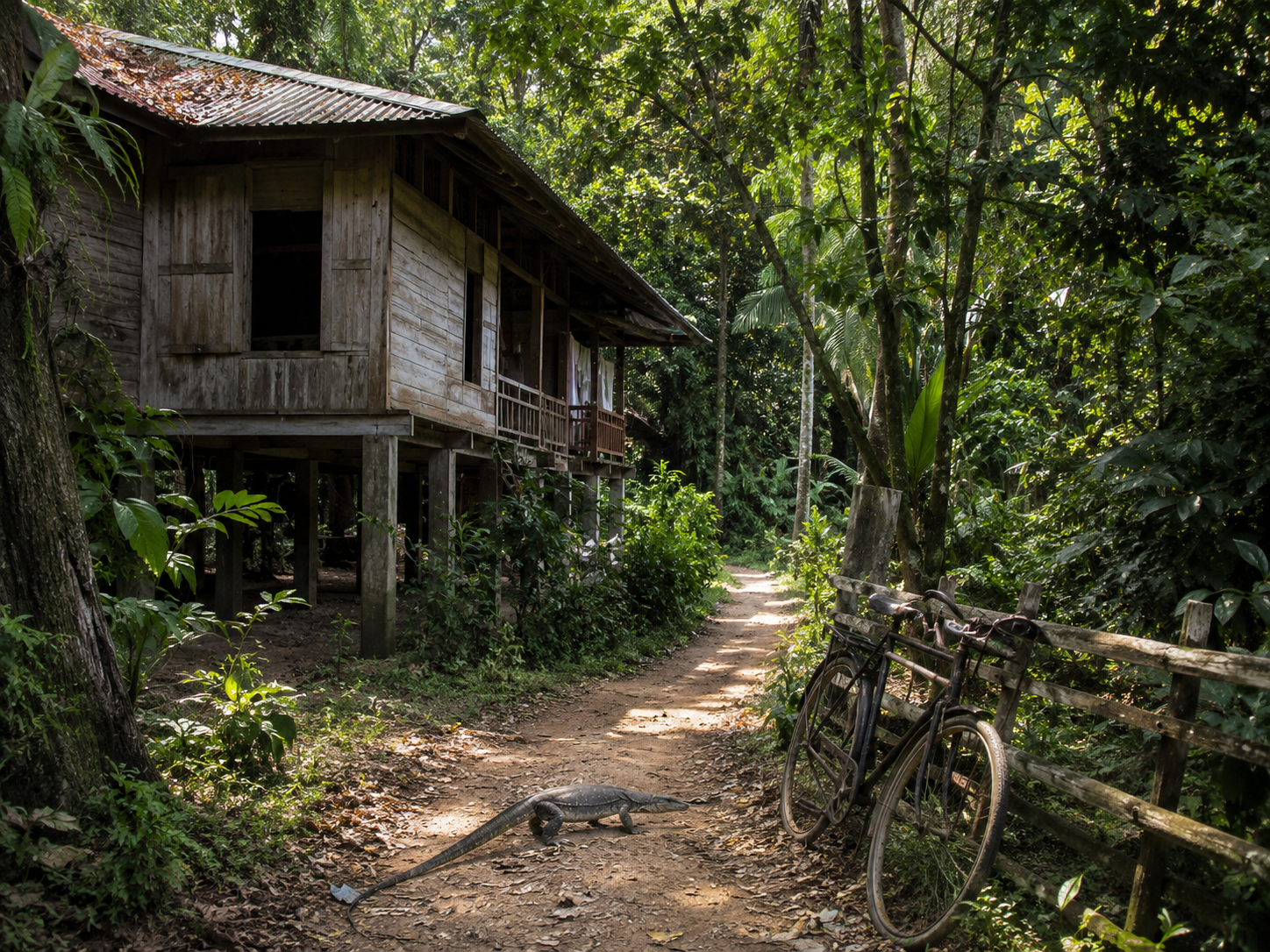 Pulau Ubin — kampong houses on stilts, jungle trails, bicycles, and wild monitor lizards